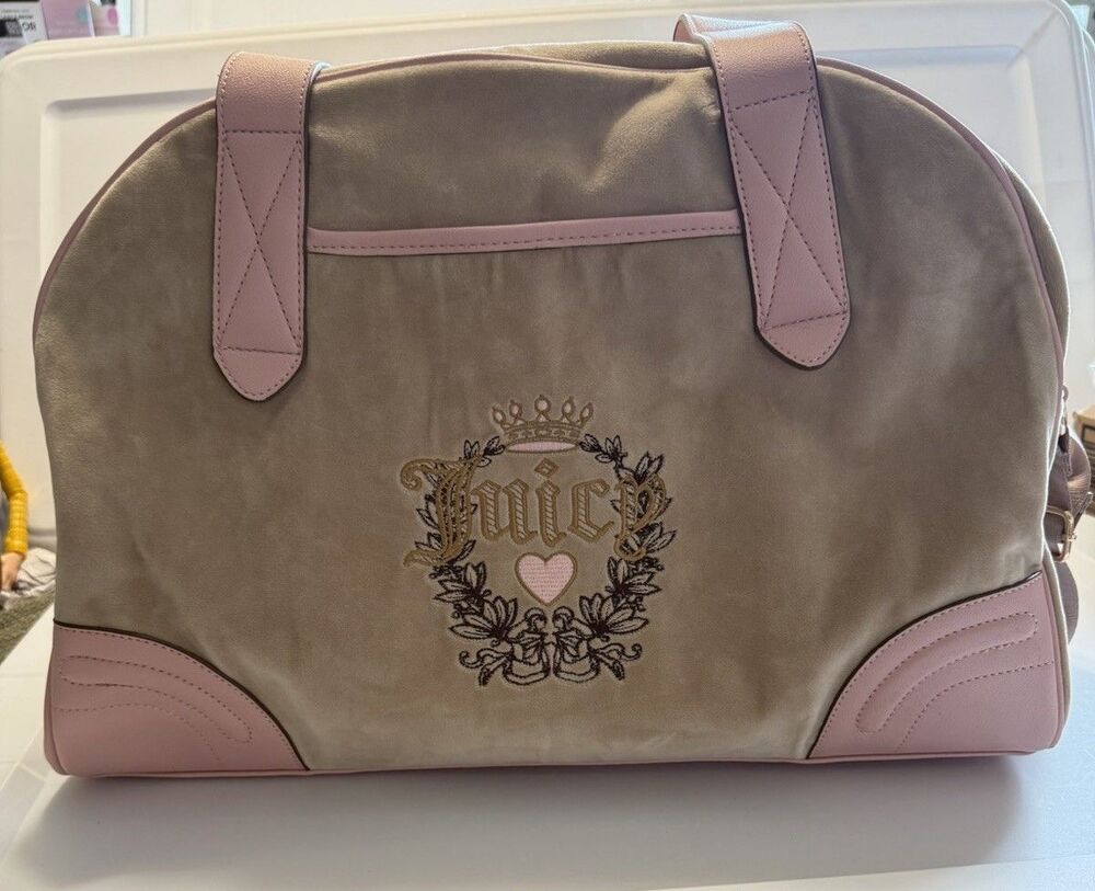 Juicy Couture Y2K Velour Satchel Bag Beige Pink Logo Shoulder Crossbody Purse
